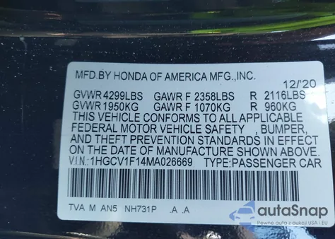 2021 Honda Accord Lx z USA, uszkodzony, nr VIN 1HGCV1F14MA026669